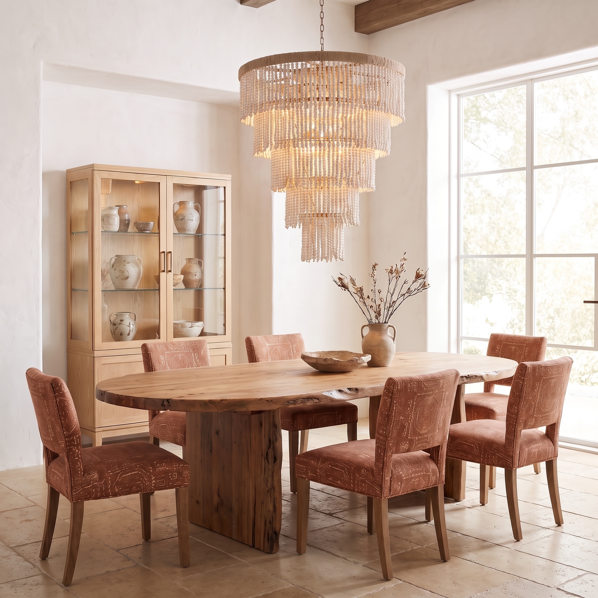 31.5" 9-Light Bohemian Tiered Oversized Wood Beads Gold Chandelier Pendant Light - 31.5" W x 35.5" H