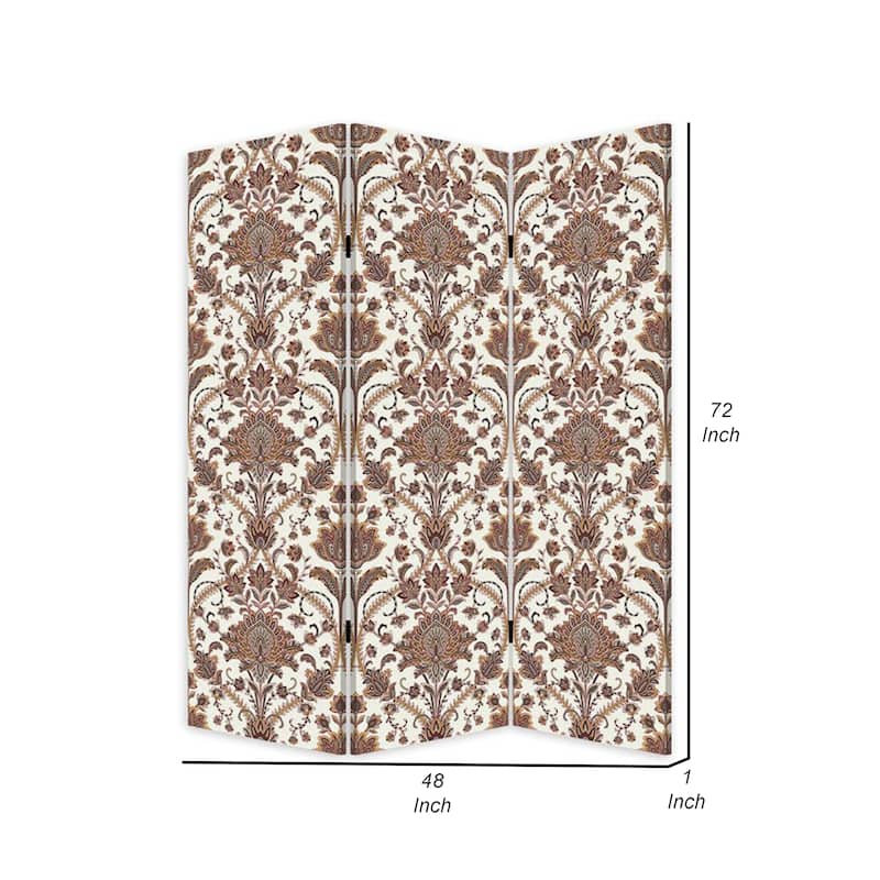 72 Inch 3 Panel Canvas Screen Room Divider, Dual Sided Baroque, White Brown