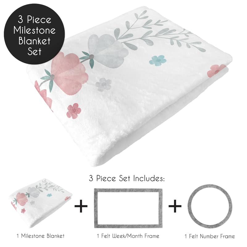 Floral Rose Flowers Girl Baby Monthly Milestone Blanket - Blush Pink Teal Aqua Blue Grey Pop Flower Boho Shabby Chic Watercolor