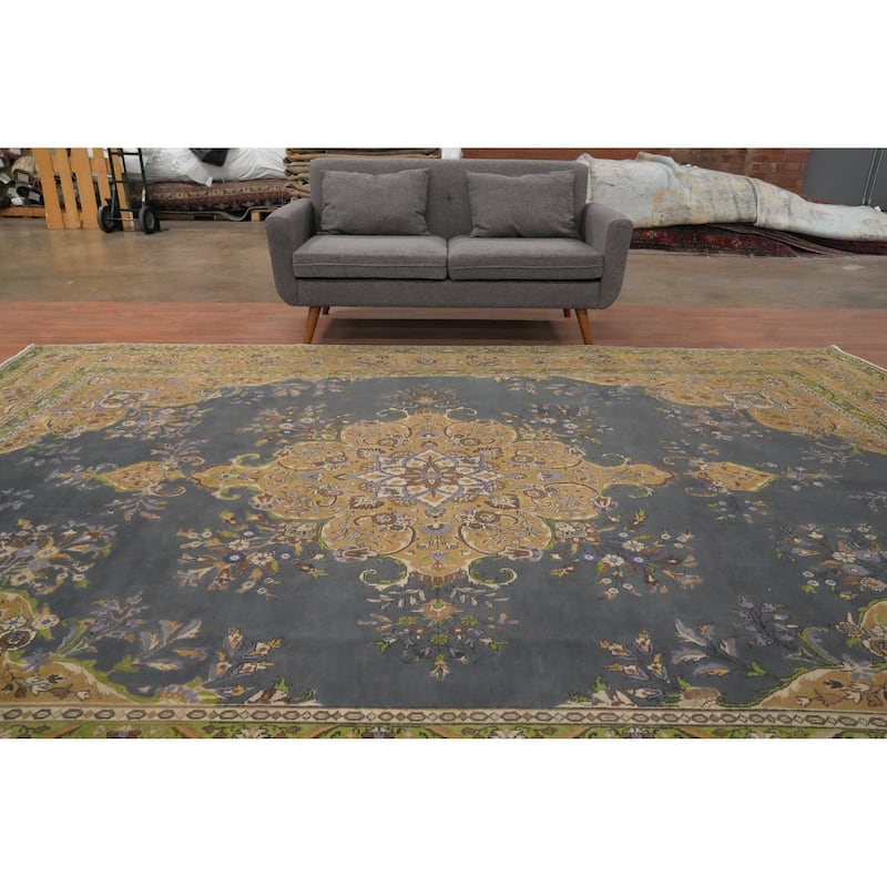 Hand Knotted Oriental 100% Wool Carpet Traditional Floral Greys & Charcoal Tabriz Area Rug - 12' 8'' X 9' 4''