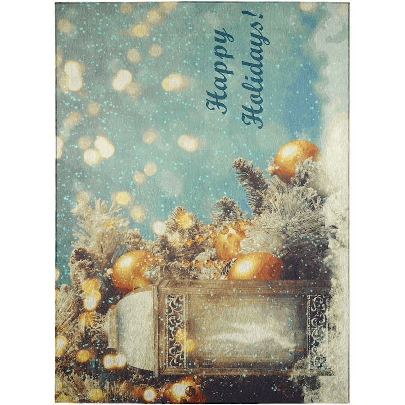 Indoor/ Outdoor Cozy Winter Washable Happy Holidays Rug - 5' x 7'6" - Blue