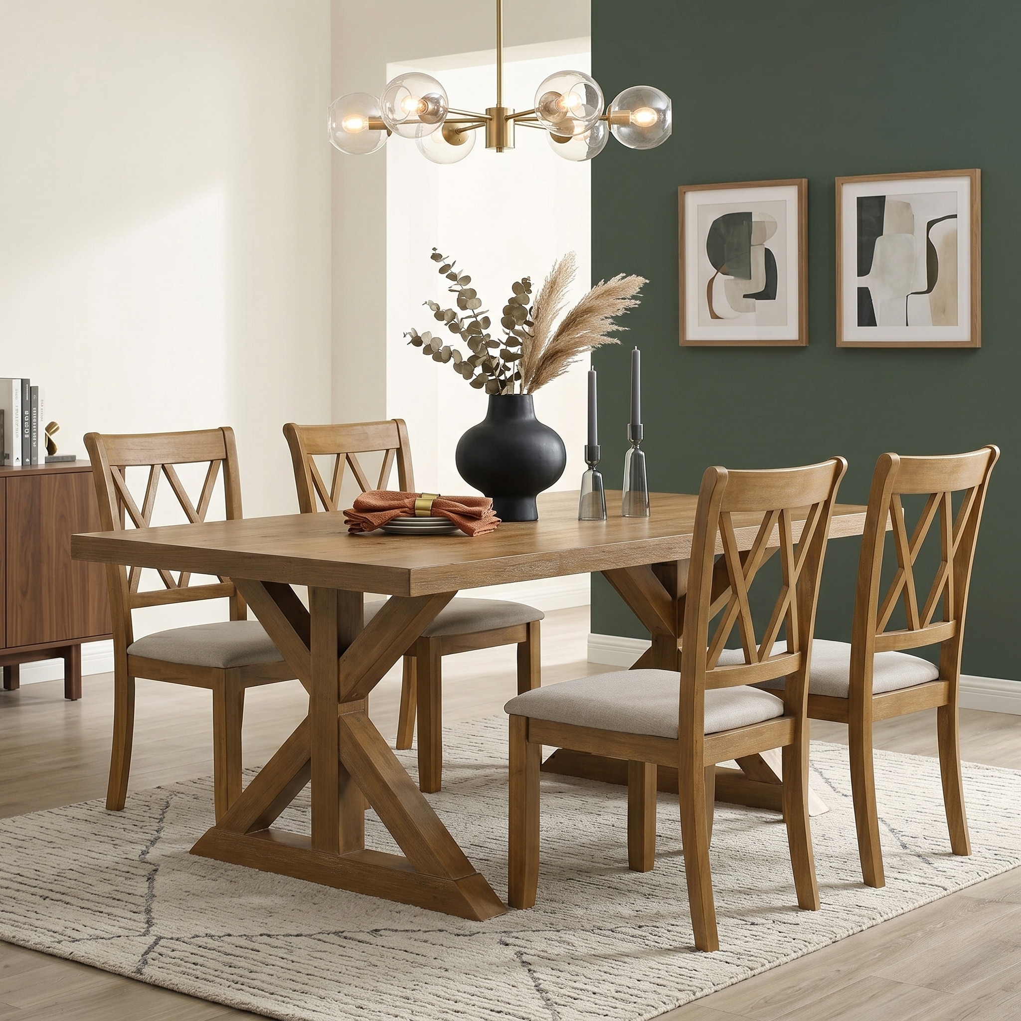 Roundhill Furniture Enna Morden Farmhouse Wood 5-Piece Trestle Dining Set, Brushed Driftwood Finish