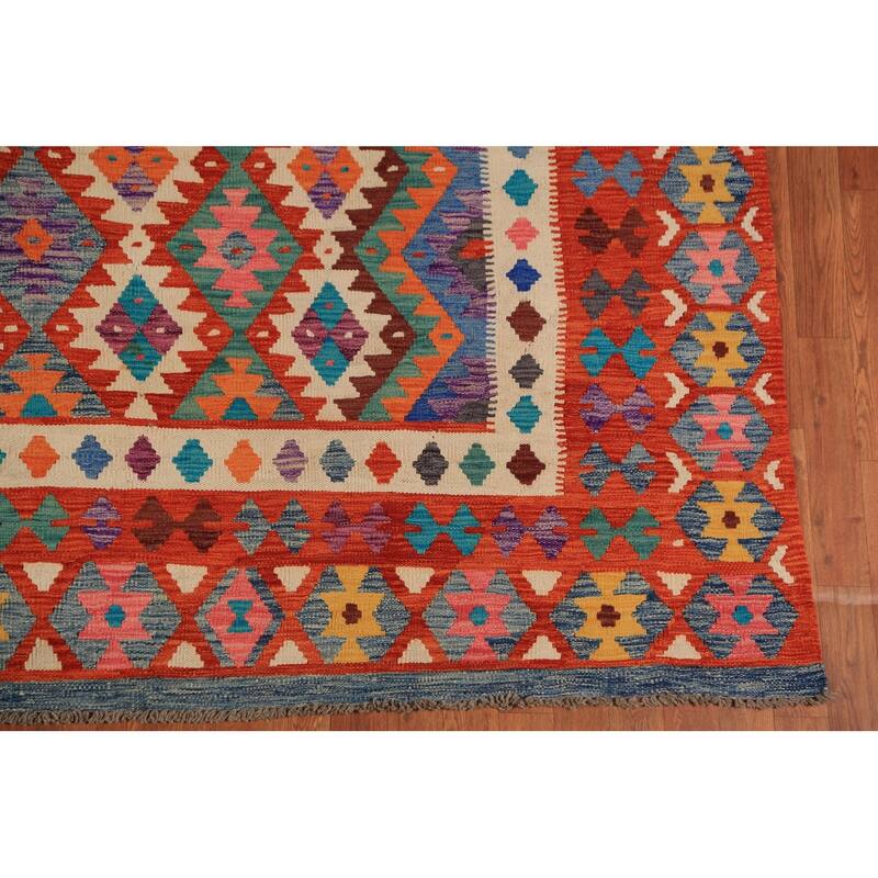 Reversible Kilim Oriental Area Rug Hand-Woven Orange Wool Carpet - 8'2" x 9'9"