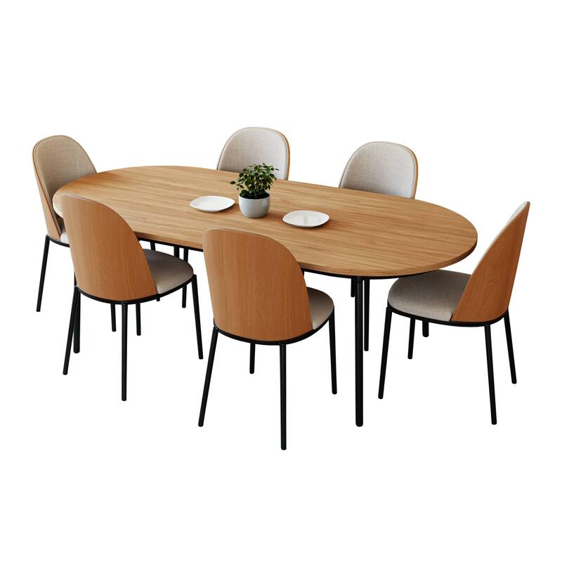 7-Piece Dining Set in Black Steel with 6 Chairs and Table Tule Collection by LeisureMod - Natural Wood/Beige