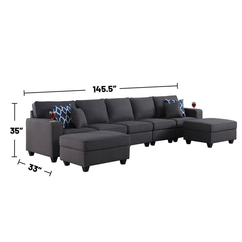 Linen Upholstered 5-Seater Sofa with 2 Ottomans in Dark Gray