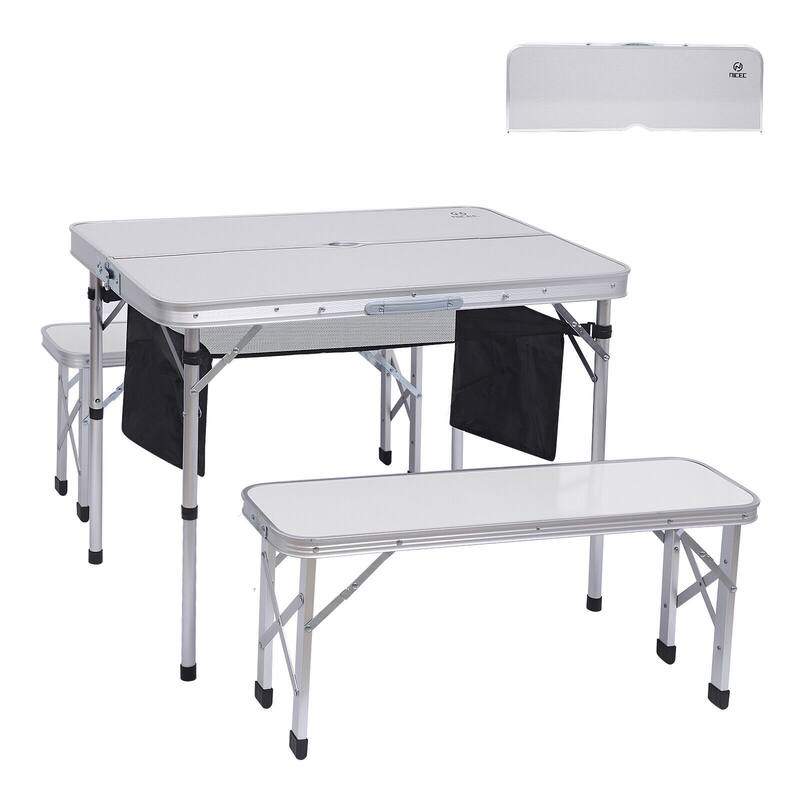 Picnic Table, Folding Picnic Table, Camping Table w/ 2 Bench, Hole for Umbrella - Off-White