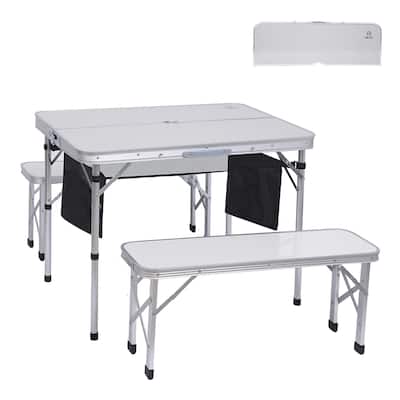 Picnic Table, Folding Picnic Table, Camping Table w/ 2 Bench, Hole for Umbrella