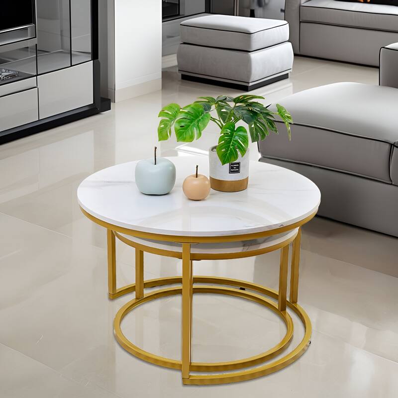 Modern Nugzar Coffee Table Round Metal Nesting Frame in Golden Style Set of 2