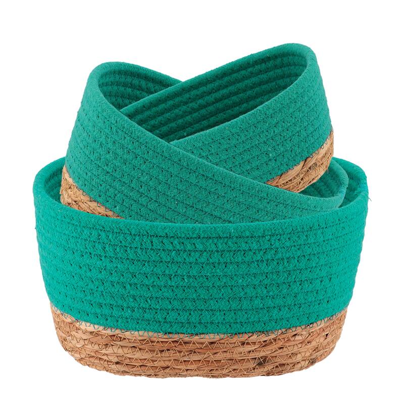 Cotton Storage Baskets Organizer Padang Set of 3 - 9 in. L x 5.9 in. D x 5.3 in. H - Green Caribbean / Natural
