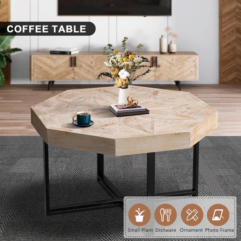 30-Inch Wood Octagonal Vintage Patchwork Coffee Table