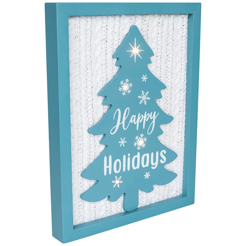 Lighted Happy Holidays Christmas Tree with Cable Knit Texture Wall Art - 12"