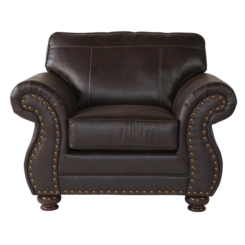 Roundhill Furniture Leinster Fabric Upholstered Nailhead Sofa, Loveseat, and Chair Set in Espresso