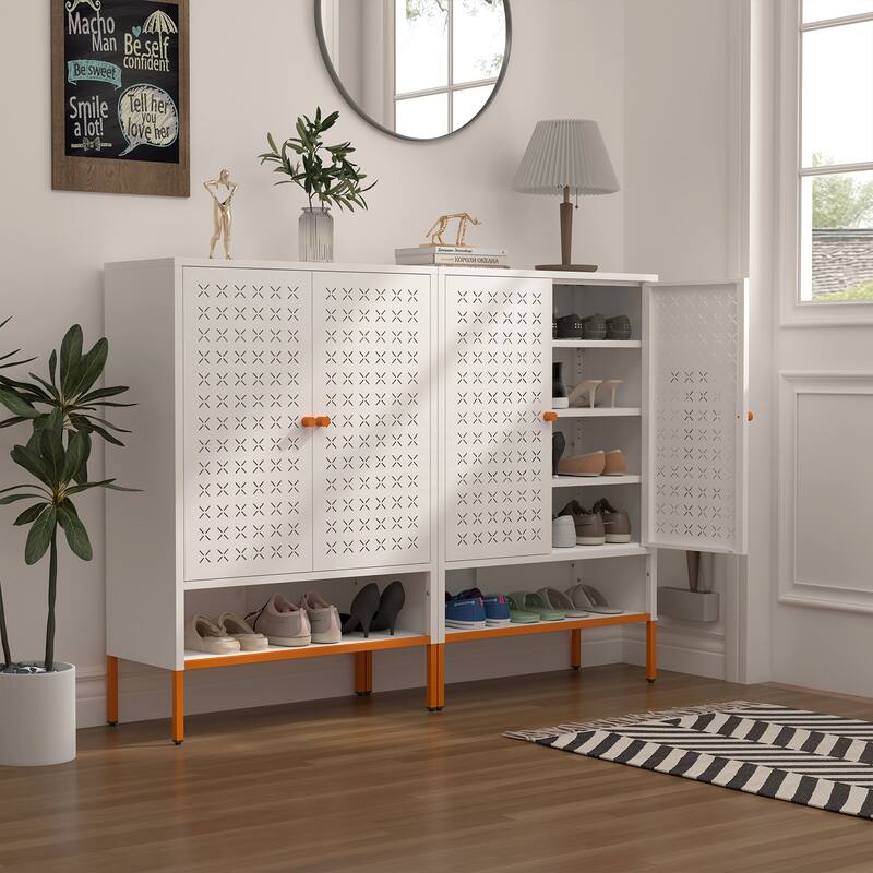 Grid Double Door Shoe Cabinet, Three Adjustable Compartments , Suspended Hollow Shoe Changing Compartment - White