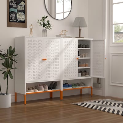Grid Double Door Shoe Cabinet, Three Adjustable Compartments , Suspended Hollow Shoe Changing Compartment