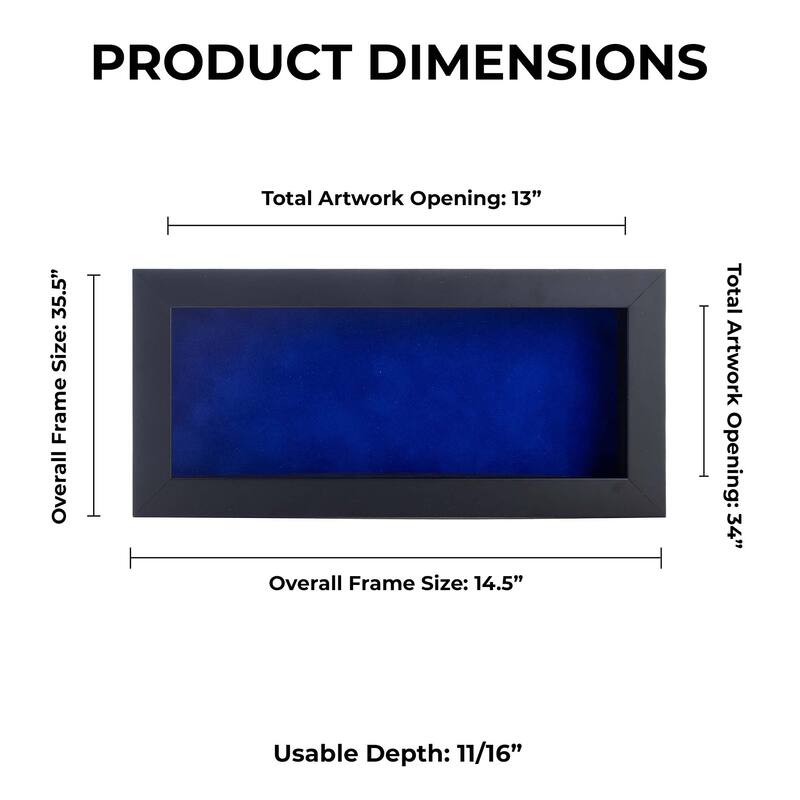 13x34 Shadow Box Frame Black Wood | With a 3/4" Usable Display Depth | Includes a Royal Blue Real Suede Texture Acid-Free