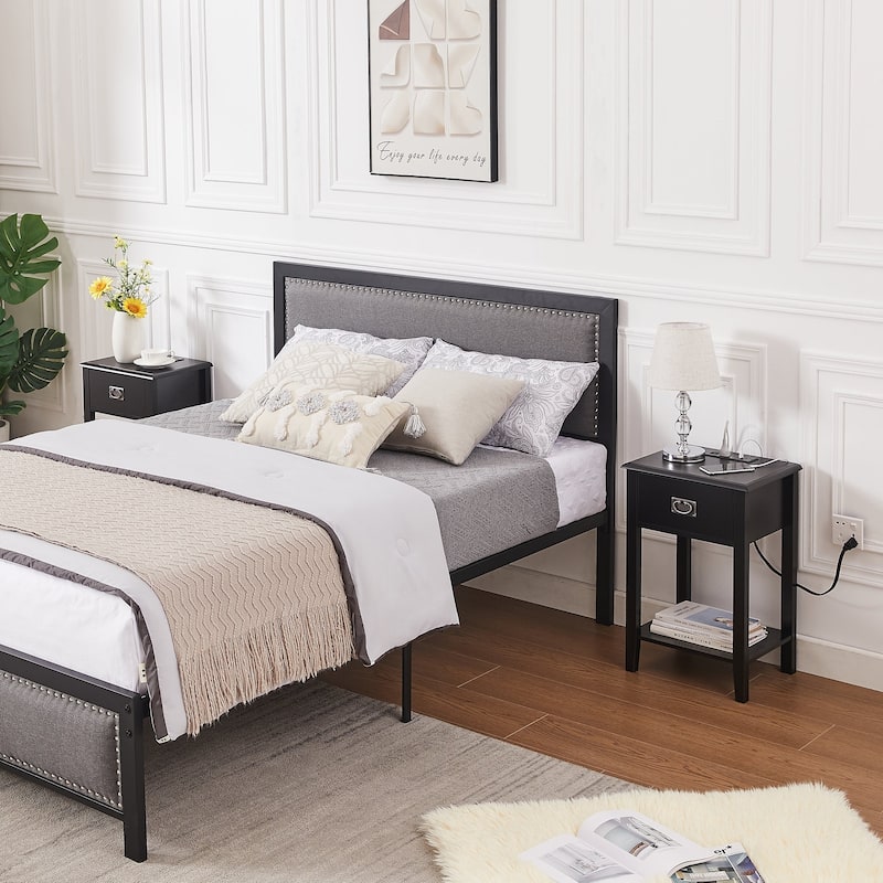 Black Nightstands Set of 2 with Charging Station and USB Port