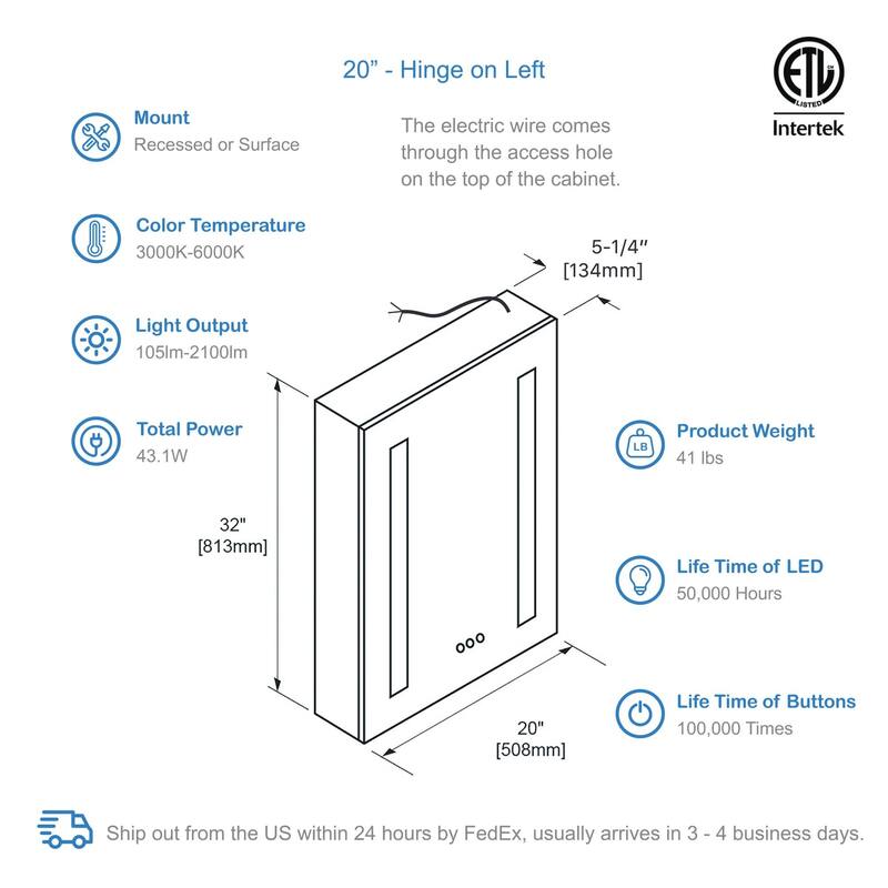 LED-lit Medicine Cabinet with Mirrors, Defogger, and USB Outlets