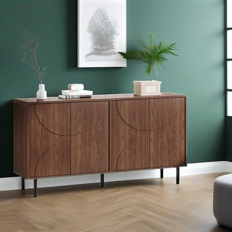 Mid Century Modern Kitchen Cupboard with Adjustable Shelves and Touch Push Doors in Brown - 55.12" x 13.78" x 32.48"