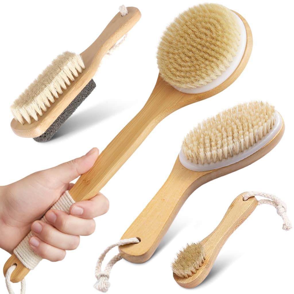 Cheer Collection Set of 4 Shower Body Brushes with Natural Bristles Multiple Sizes for Wet or Dry Use