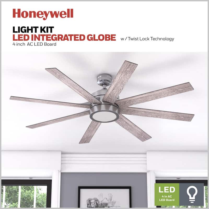 Honeywell Xerxes Brushed Nickel LED Remote Control Ceiling Fan, 8 Blade, Integrated Light - 62-inch
