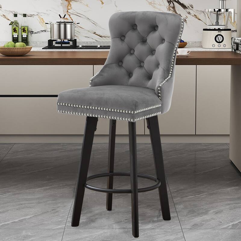 Modern Swivel Bar Stools Velvet Barstools Button Tufted Bar Stools Rivet Trim Bar Stools For Kitchen Island