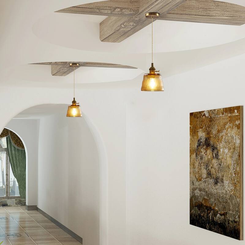 1-Light Vintage Pendant Light Amber Glass Pendant Light