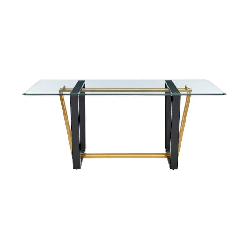 Danie Dining Table, 72 Inch Glass Top, Angular Base, Gold, Black Iron - Gold, Black, Clear