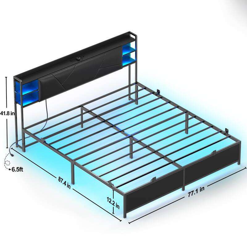 Bed Frame with Upholstered Storage Headboard,Matel Platform Bed with Charging Station and RGB LED Lights,Easy Assembly