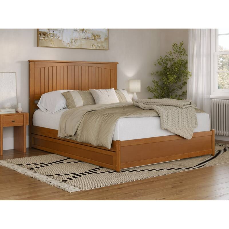 Malta Platform Bed with Panel Footboard and Twin XL Trundle - Light Toffee - Queen