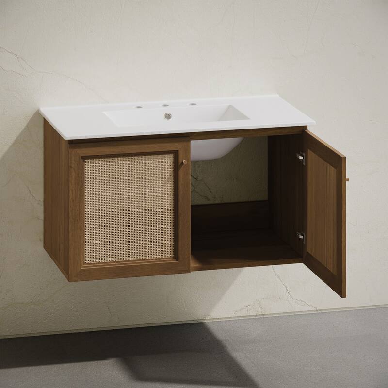 Classe 36" Wall-Mounted Bathroom Vanity In Brown Oak With Widespread Faucet Holes Vanity Top - 36