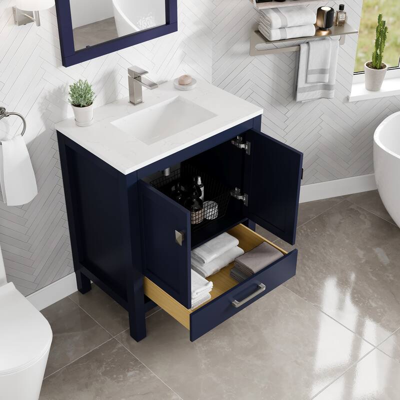 Eviva London 30"W Bath Vanity with Carrara Quartz Top & Porcelain Sink