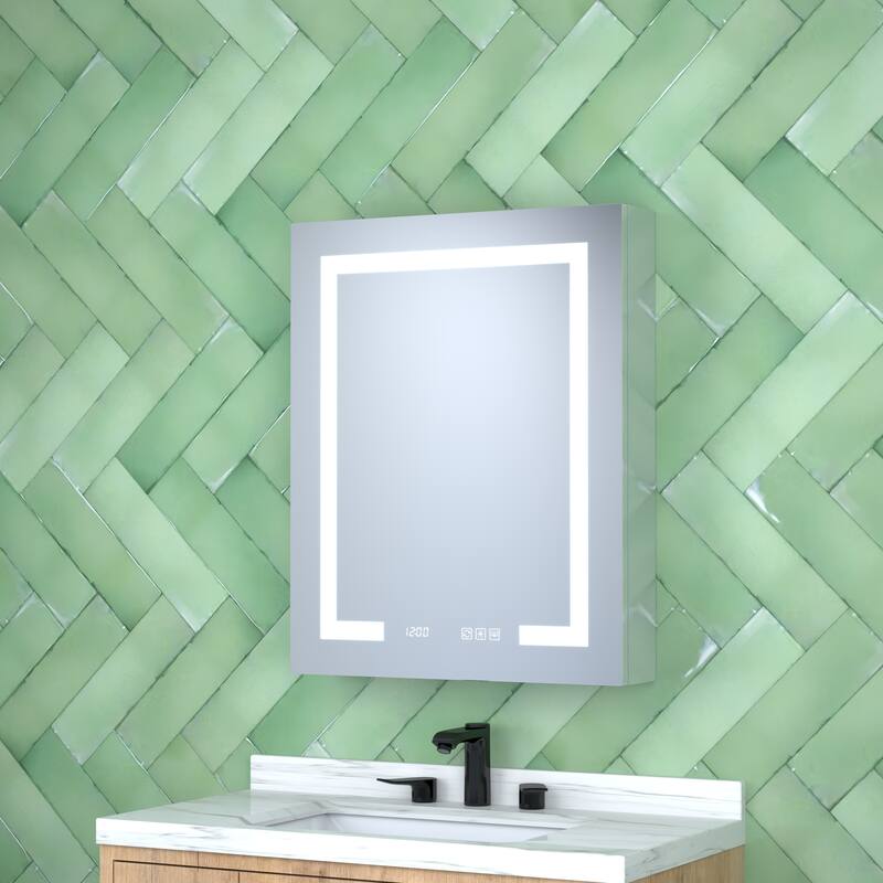 GDFStudio - Delmar Modern Aluminum LED Lighted Medicine Cabinet with Mirror Anti Fog and Digital Clock