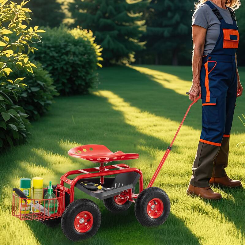 Gymax Rolling Garden Cart Scooter w/ Adjustable Seat Storage Basket