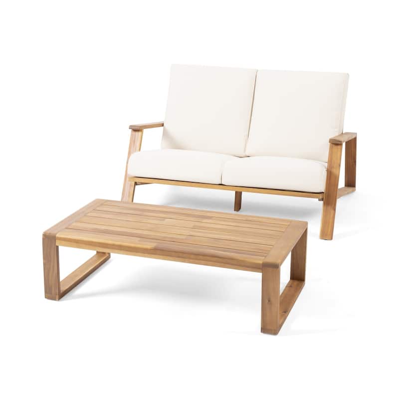 2-Piece Outdoor Acacia Wood Loveseat Sofa Chair Set with Coffee Table