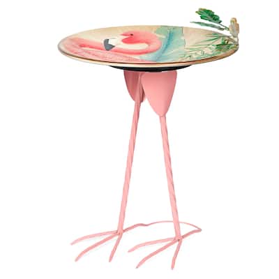 Alpine Corporation ORS876 Outdoor Metal Birdbath w/ Stylish Stand, Flamingo Pattern Birdbath Bowl and Stand, 23"H, Pink/Blue