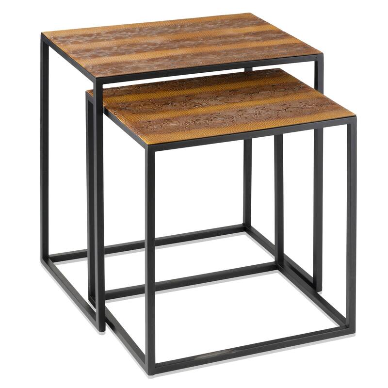 HomeRoots Set of Two Brown and Black Metal And Faux Snake Leather Nesting End Tables - 19.75' X '22' X '14