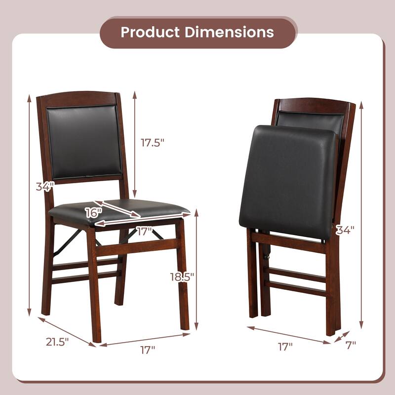 Set of 2 Black and Brown Folding Dining Chairs with Padded PU Leather Seat and Solid Wood - 19.5" x 16" x 34" (L x W x H)