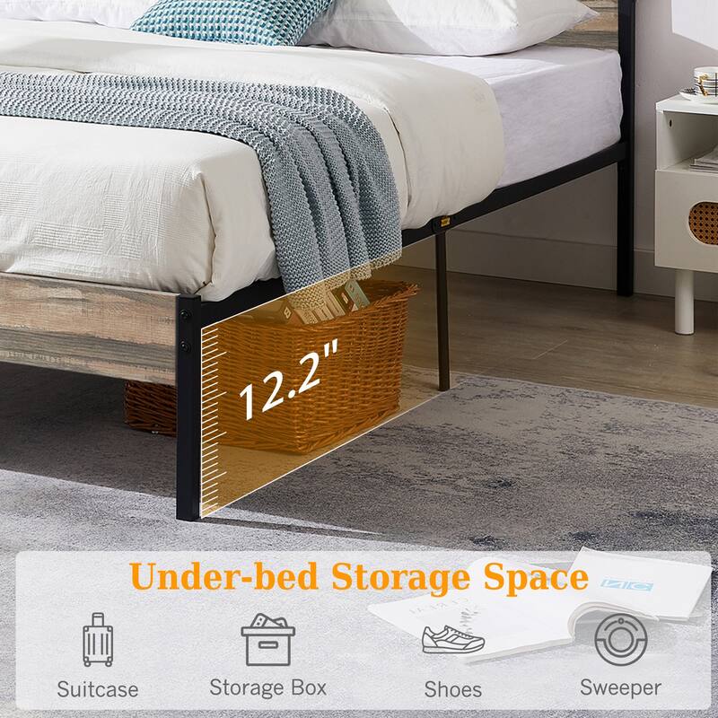 Industrial Metal Bed Frame with Wood Headboard Twin/Full/Queen Bed Slate Platform Metal Bedframe No Box Spring Needed