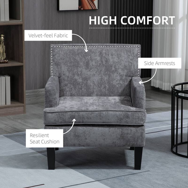 HOMCOM Modern Accent Chair, Upholstered Living Room Chair with Solid Wood Legs and Nailhead Trim, Dark Gray