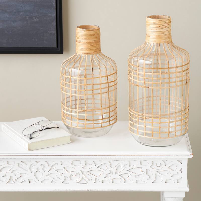 Clear Glass Handmade Rattan Wrapped Vase (Set of 2)