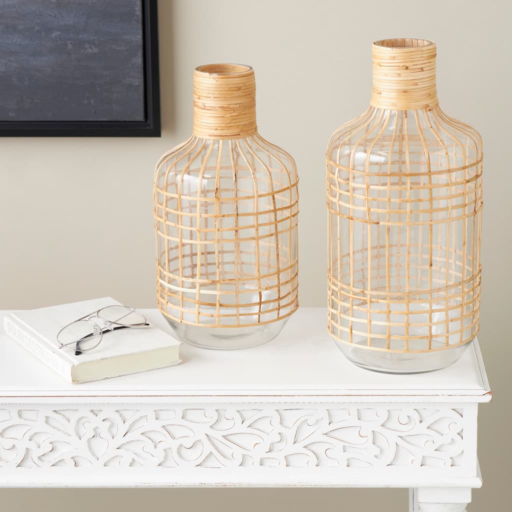 Clear Glass Handmade Rattan Wrapped Vase (Set of 2)