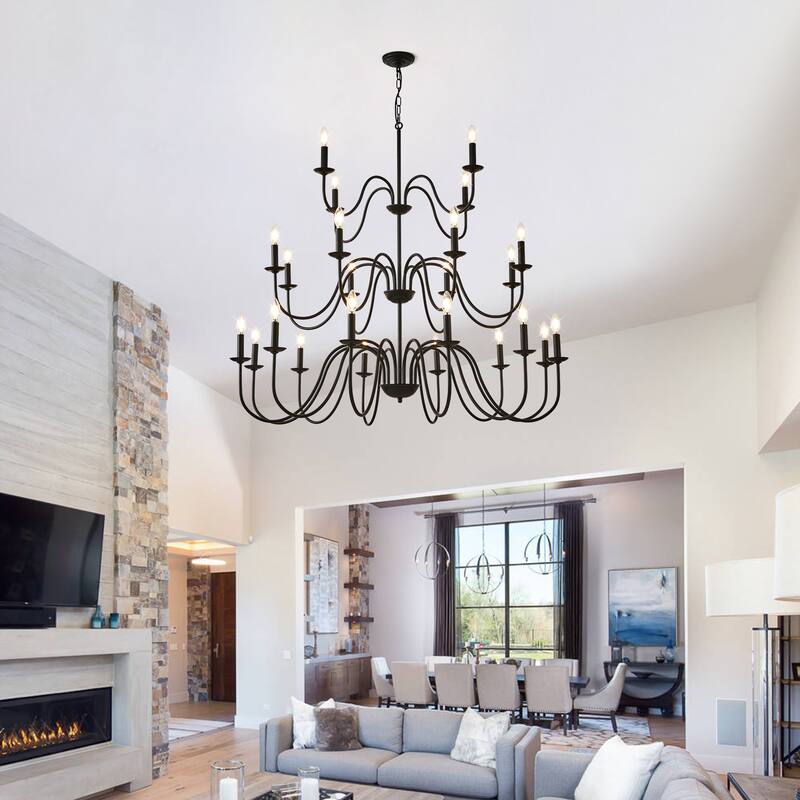 12-Light Farmhouse Chandelier, Black Metal Chandeliers Adjustable Height-E12