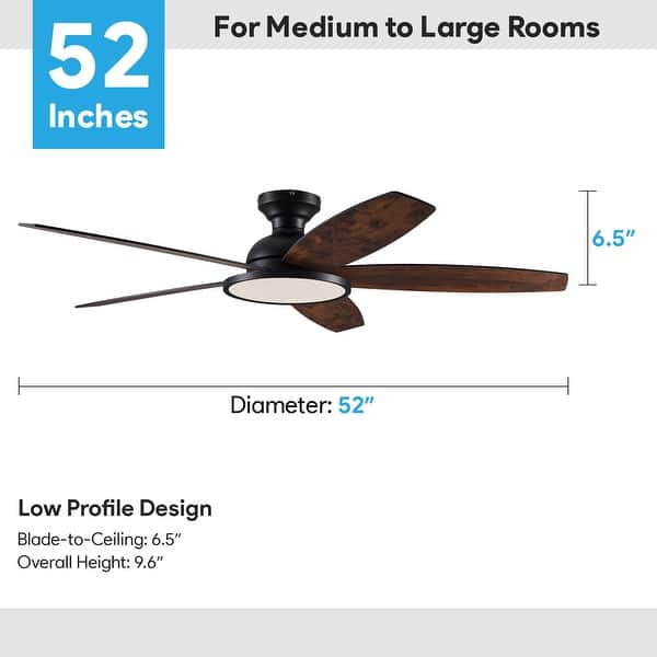 dimension image slide 0 of 9, 5 - Blade Low Profile Flush Mount Modern Ceiling Fan with LED Light and Remote
