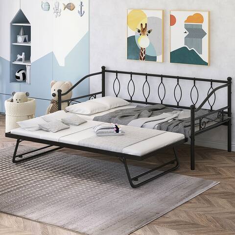 Twin Size Metal Daybed with Adjustable Portable Folding Trundle
