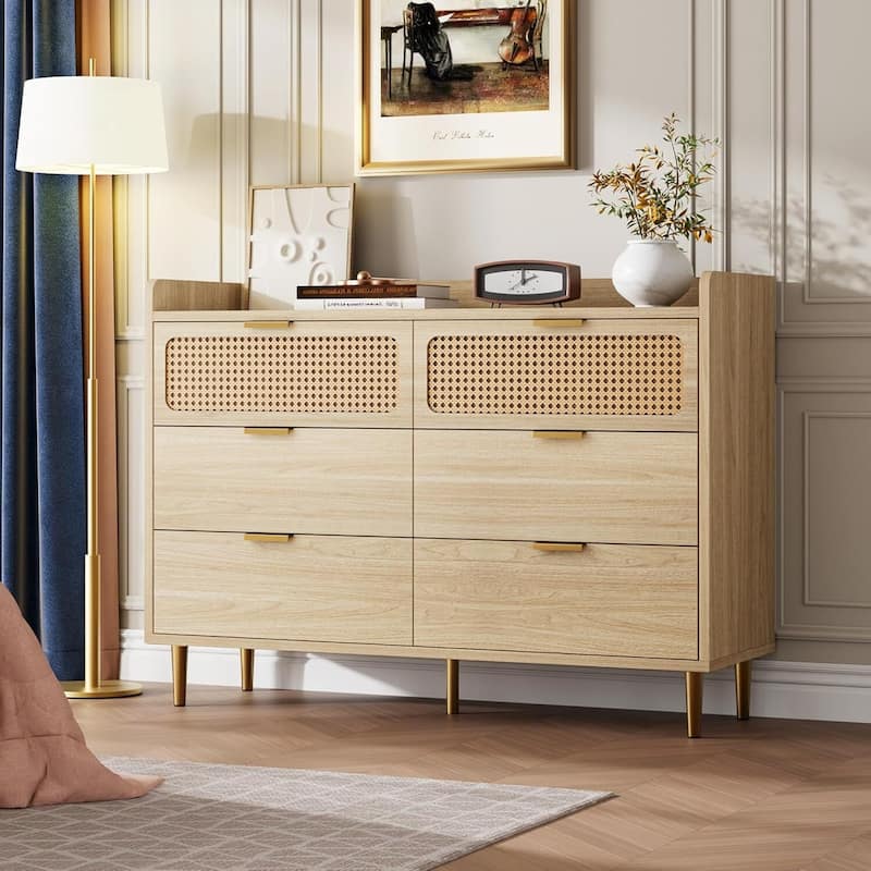 Modern 6 Drawer Double Dresser, TV Stand for Bedroom, Living Room - Natural