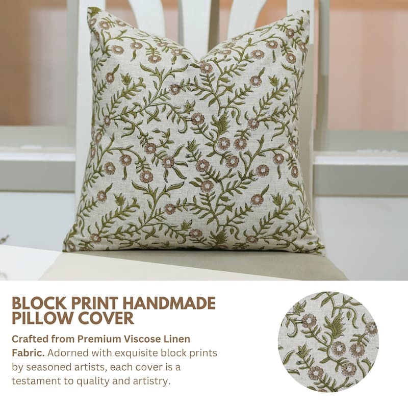 Fabdivine Decorative Floral Pillowcase Handmade Linen Block Print Accent for Sofa Kids Bed Rust Spring Décor, Sadabahar