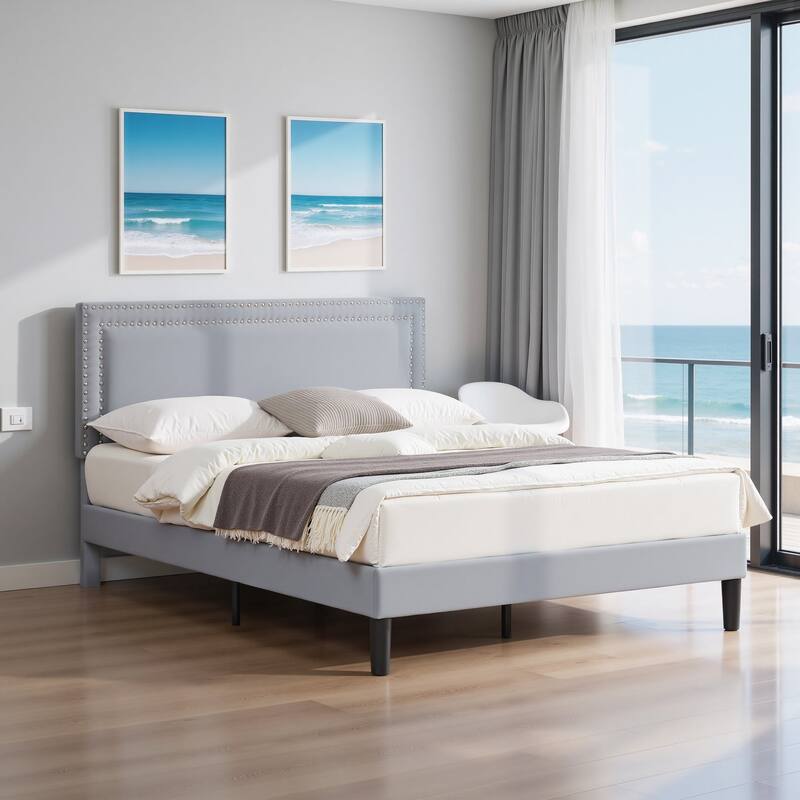 VECELO Upholstered Bed Frames with Height Adjustable Headboard