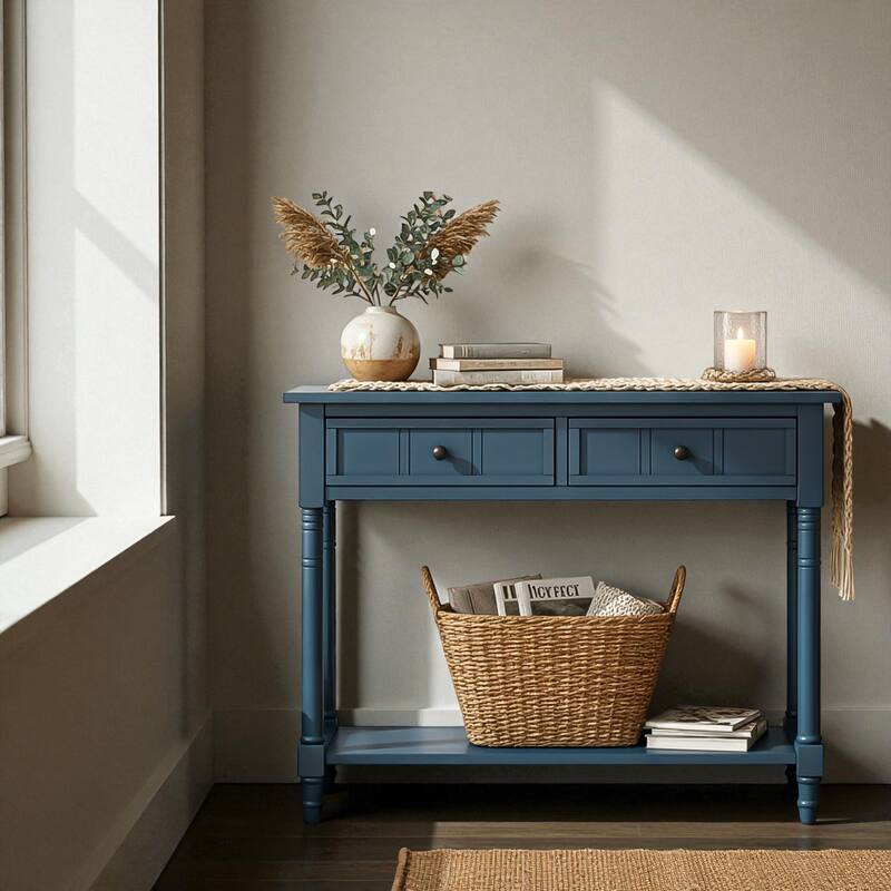 Daisy Series Traditional Console Table with 2 Drawers and Bottom Shelf, Solid Pine Wood Entryway Accent Table