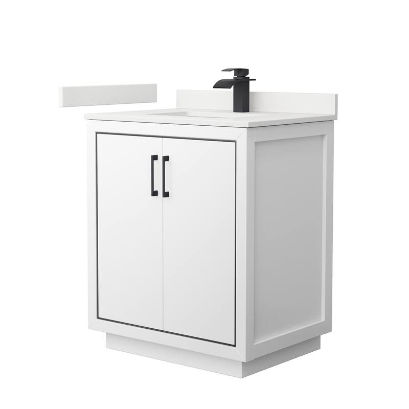 Wyndham Collection WCF111130S-QTZ-UNSMXX Icon 30" Free Standing Single - White / White Quartz Top / Matte Black Hardware
