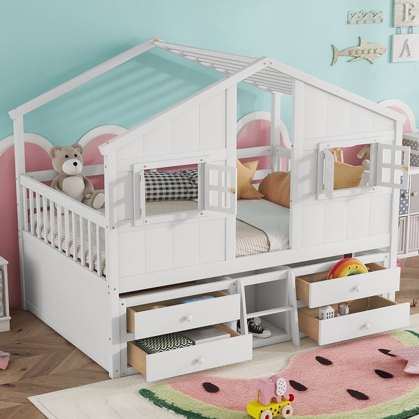slide 2 of 28, Full Size House-shaped Loft Bed with House Roof Frame Skylight Windows 4 Storage Drawers Guardrails and Stairs for Kids' Room White - Full